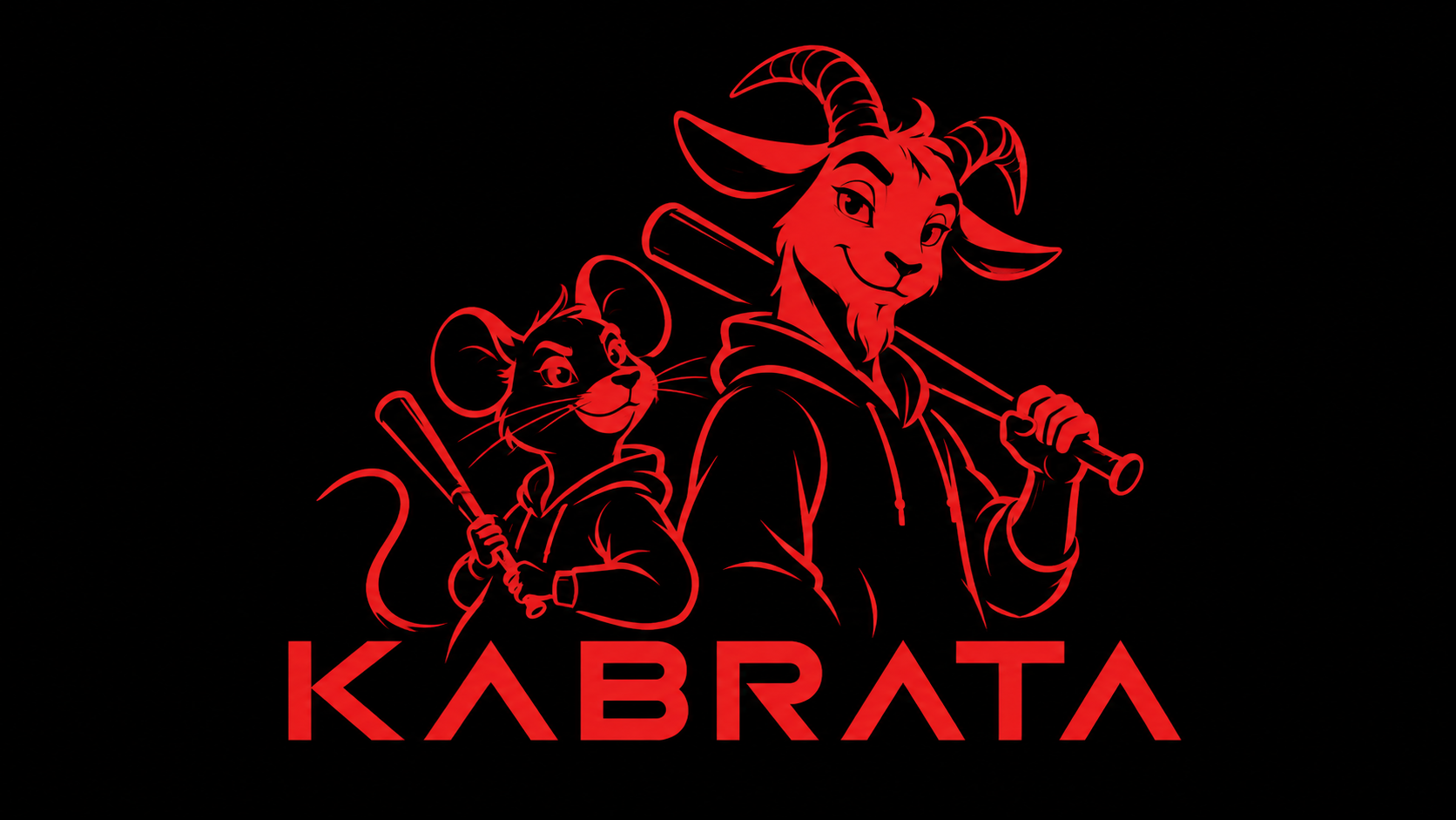 KABRATA — red line-art rat and goat, both holding clubs, on black.